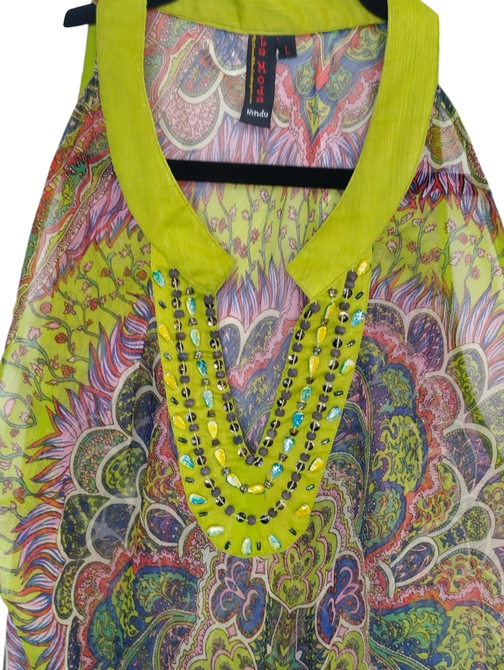 La Mode Hindu Embellished Paisley Sheer Tunic Top Dress L